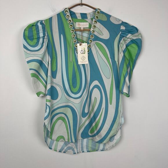 NWT Sheridan French Women’s Size XS Natalie Blouse in Seaglass Wave Blue Green - Picture 1 of 7